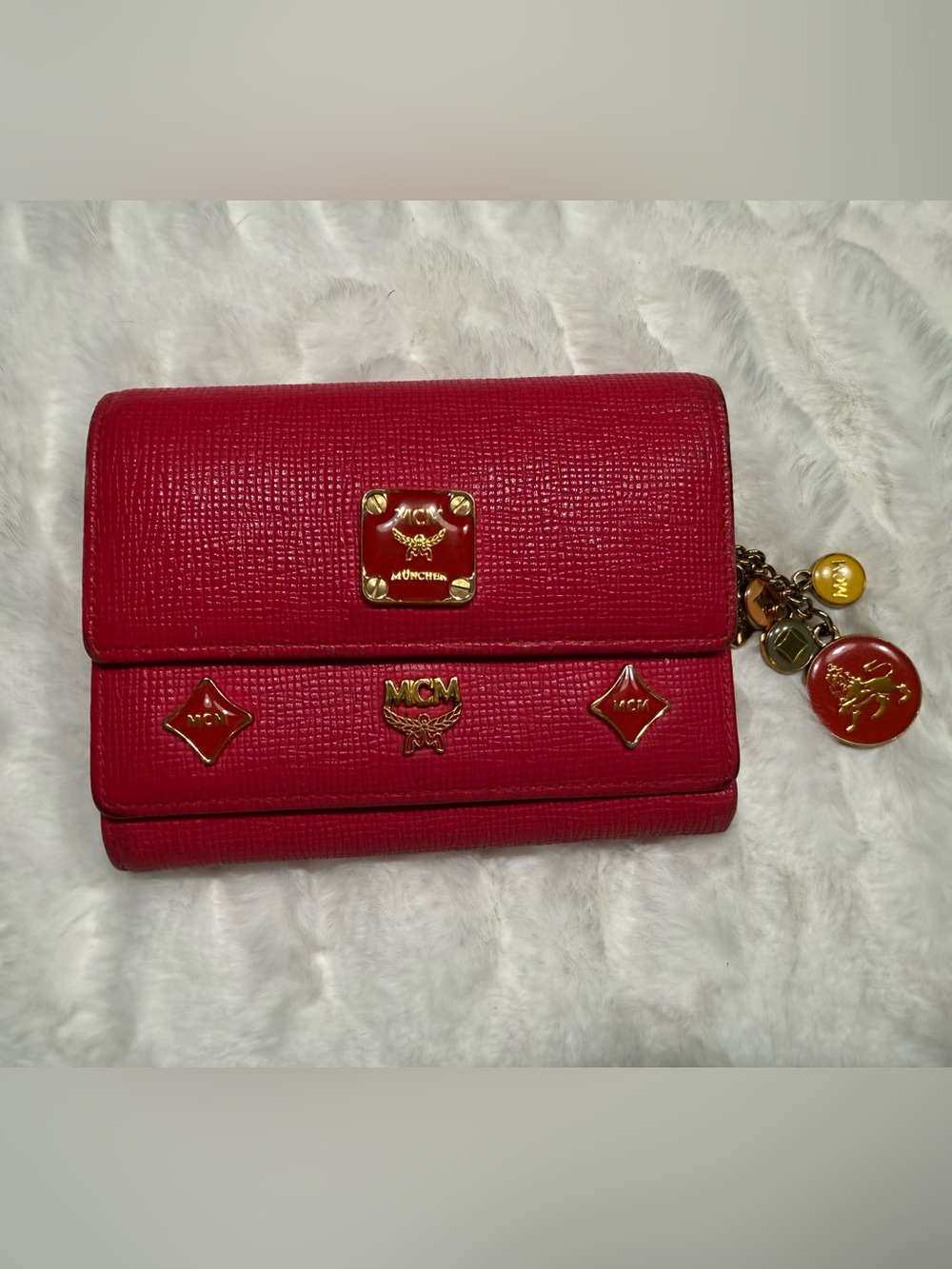 MCM Red Leather Wallet with Gold Logo Accents